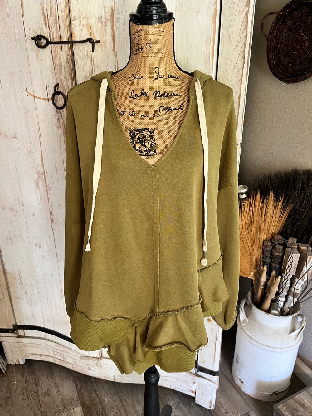 Lisa Robertson olive French Terry aline ruffle hoodie